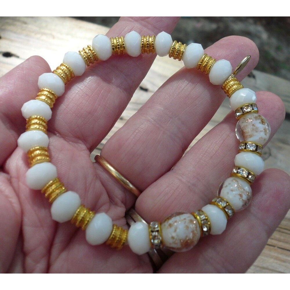 Vintage Murano Glass Stretch Bracelet White & Gold Beads Egitor Italy